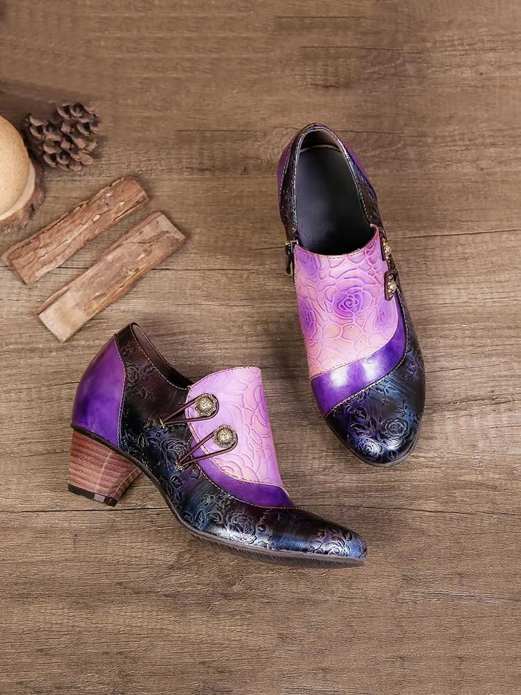 Hand Embossed Leather Low Heel Shoes