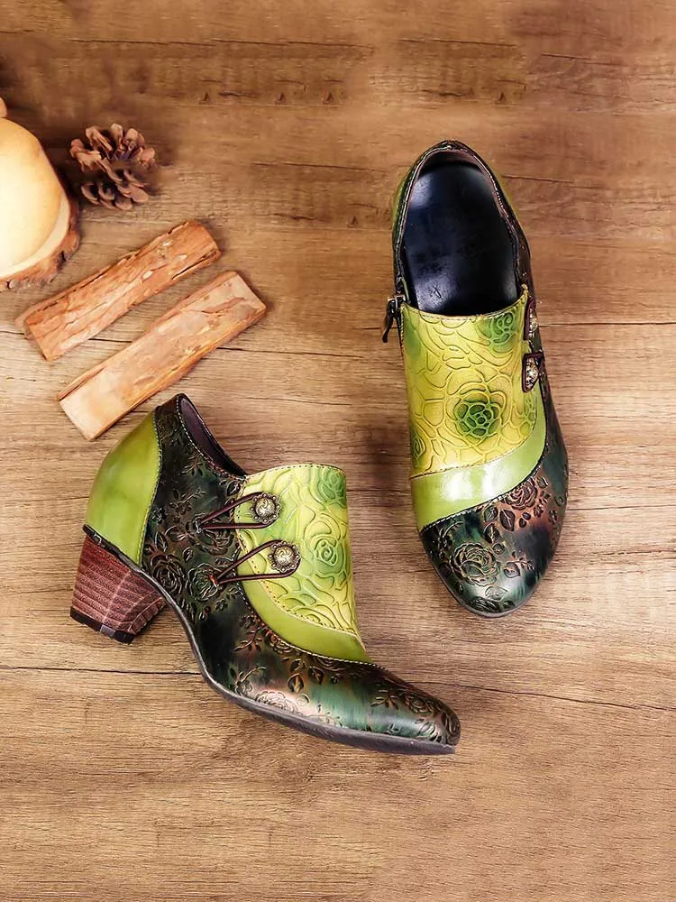 Hand Embossed Leather Low Heel Shoes