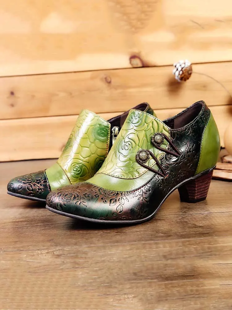 Hand Embossed Leather Low Heel Shoes
