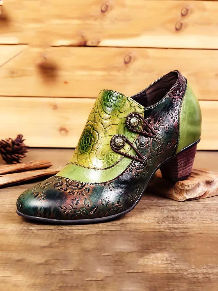 Hand Embossed Leather Low Heel Shoes