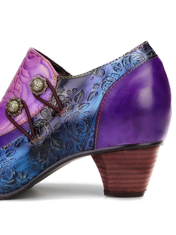 Hand Embossed Leather Low Heel Shoes