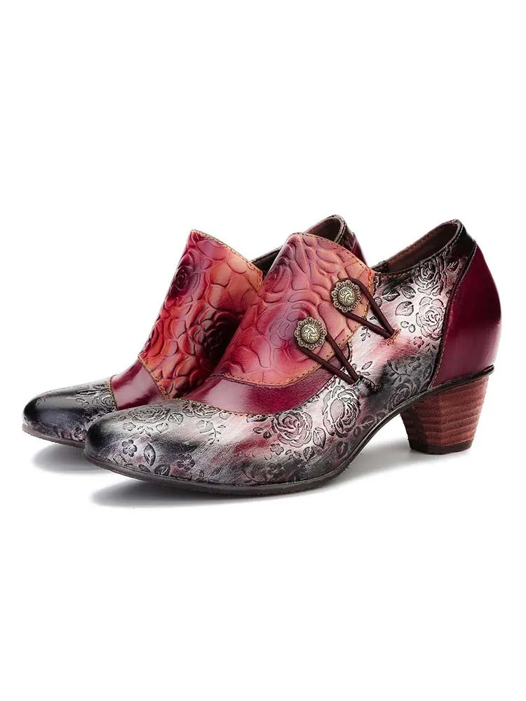 Hand Embossed Leather Low Heel Shoes