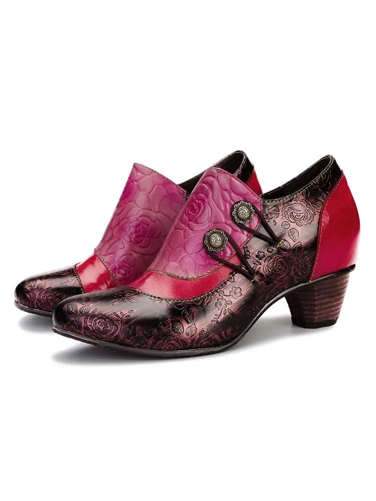 Hand Embossed Leather Low Heel Shoes