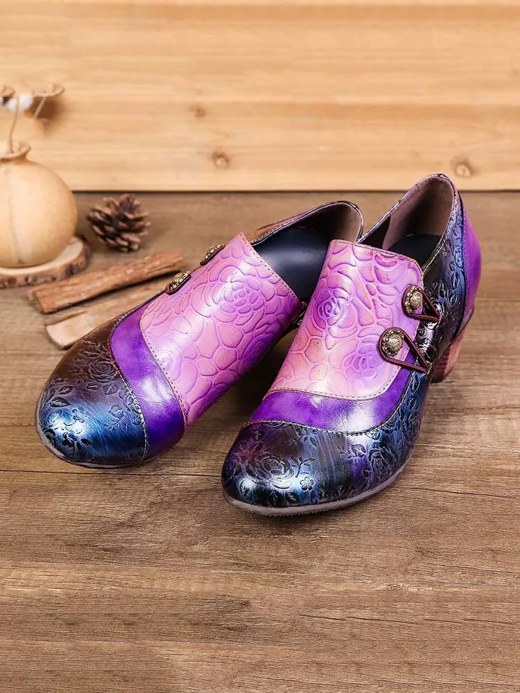 Hand Embossed Leather Low Heel Shoes