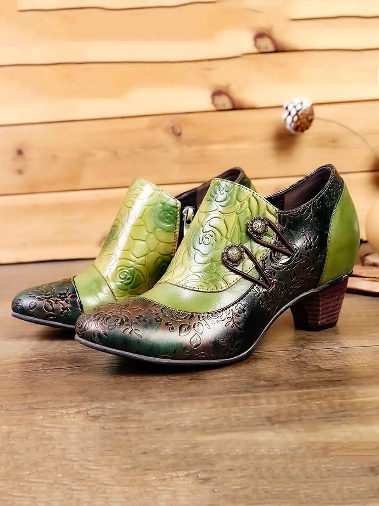 Hand Embossed Leather Low Heel Shoes