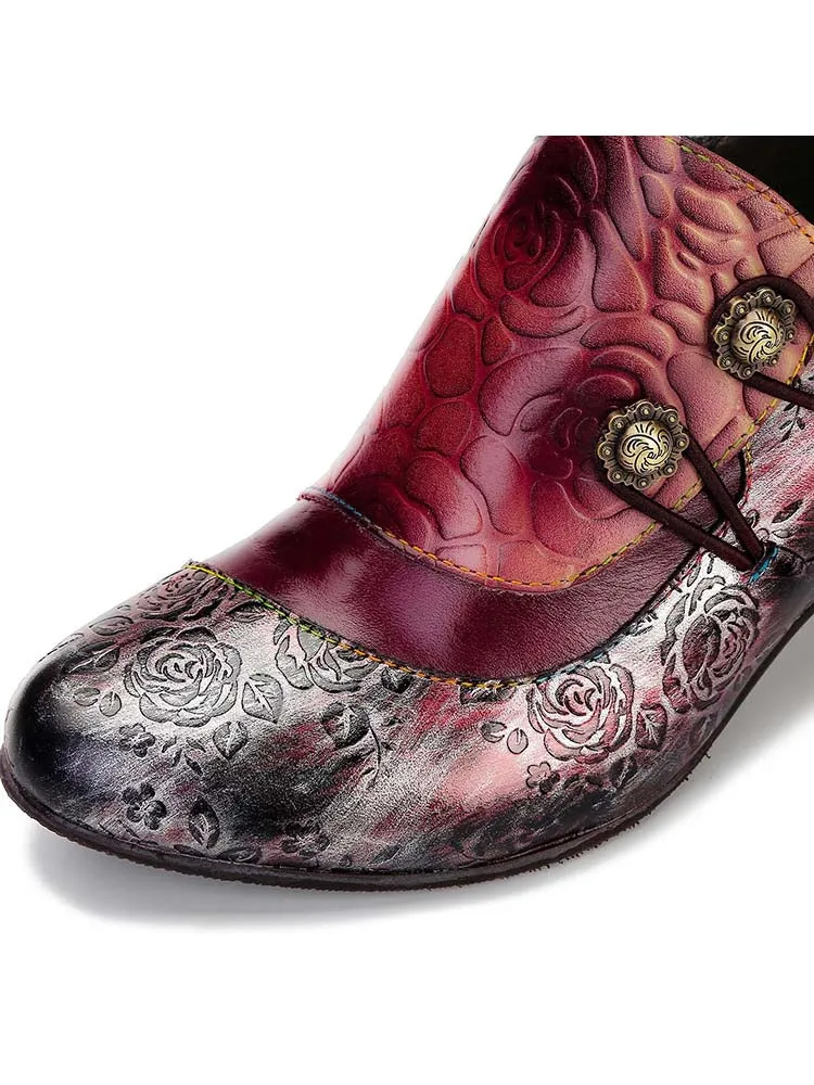 Hand Embossed Leather Low Heel Shoes