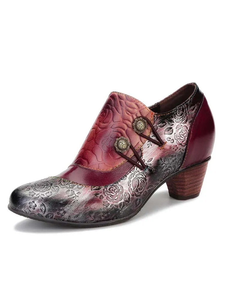 Hand Embossed Leather Low Heel Shoes