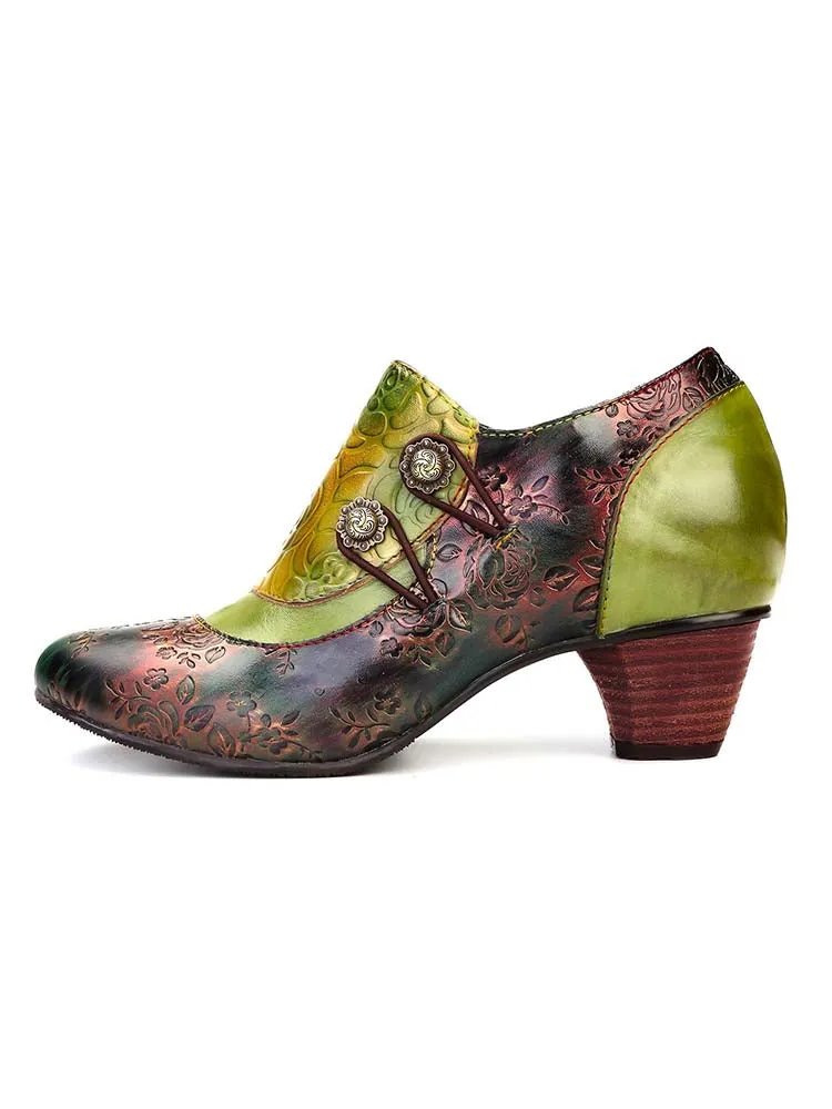 Hand Embossed Leather Low Heel Shoes