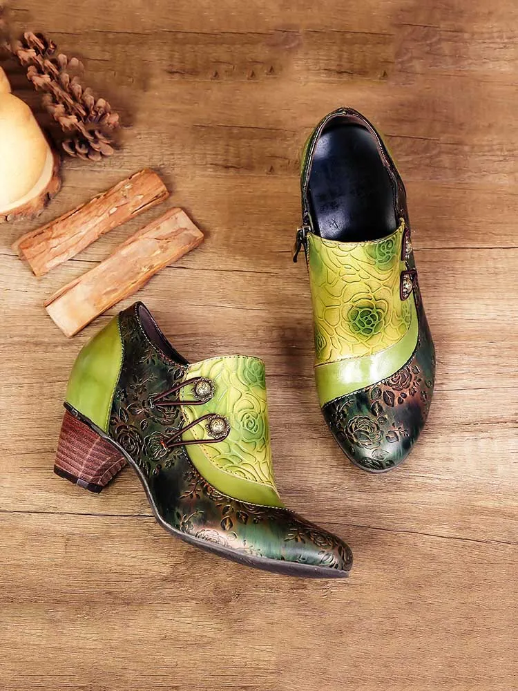 Hand Embossed Leather Low Heel Shoes