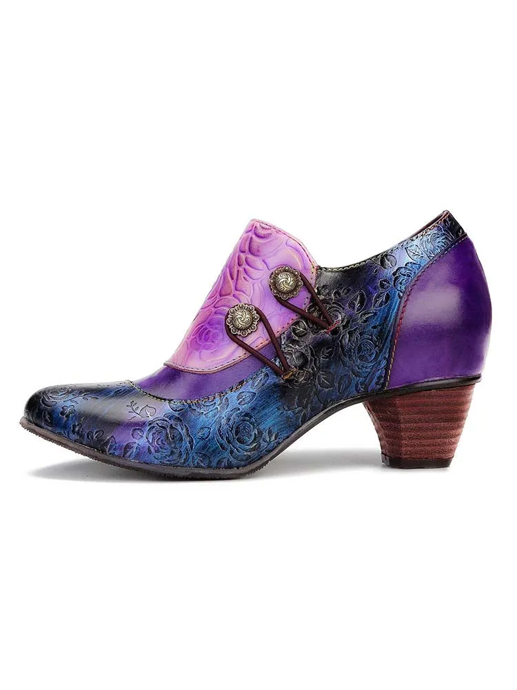 Hand Embossed Leather Low Heel Shoes