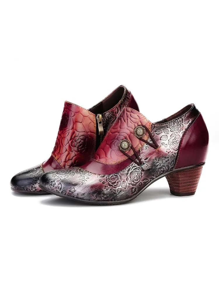 Hand Embossed Leather Low Heel Shoes
