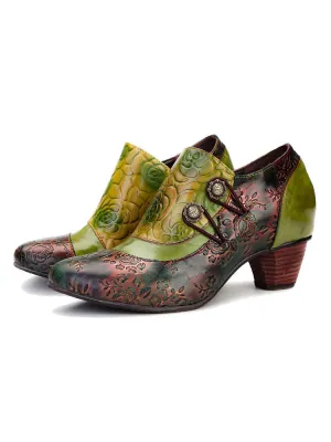 Hand Embossed Leather Low Heel Shoes