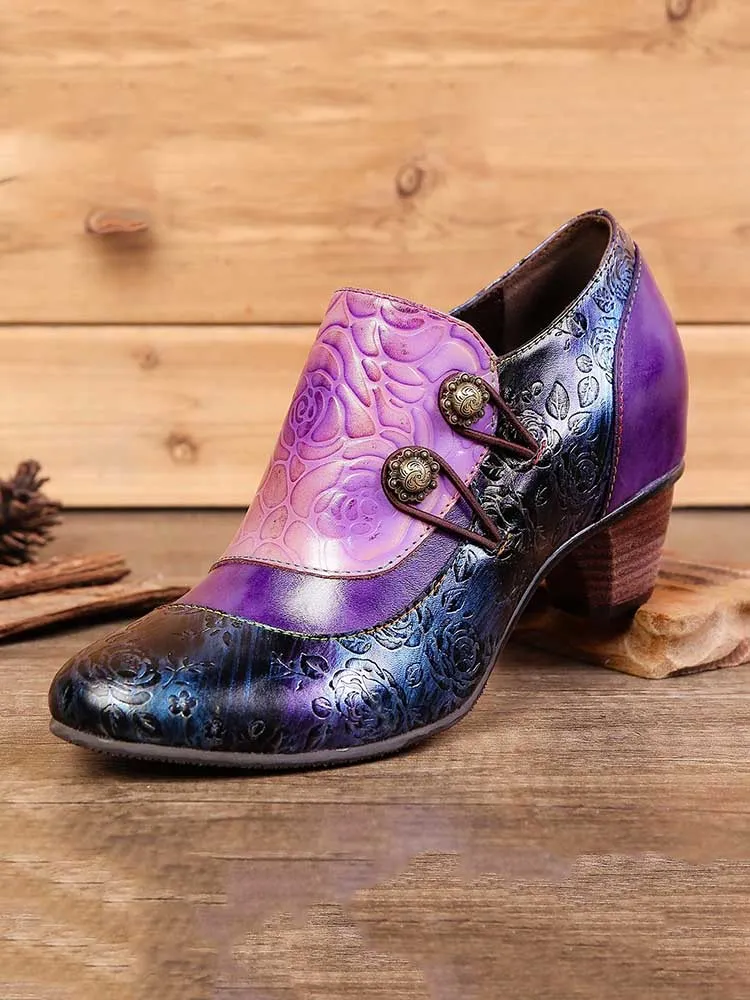 Hand Embossed Leather Low Heel Shoes