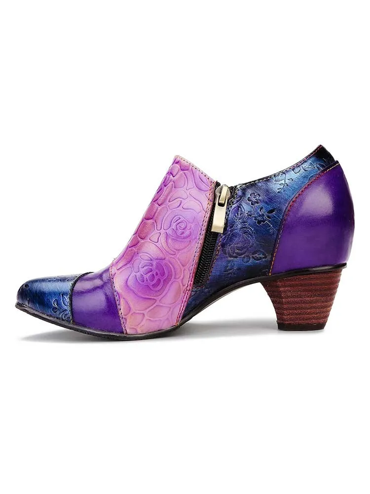 Hand Embossed Leather Low Heel Shoes