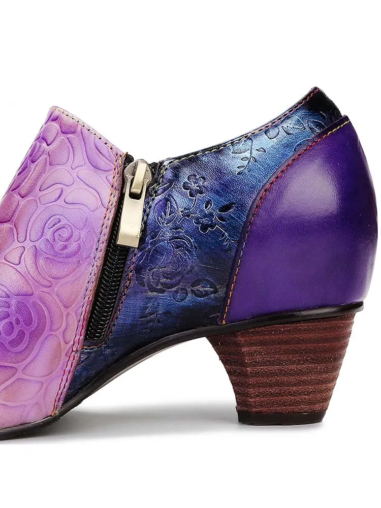 Hand Embossed Leather Low Heel Shoes