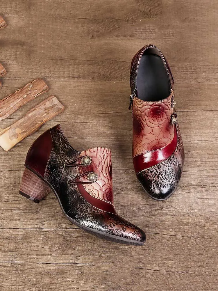 Hand Embossed Leather Low Heel Shoes