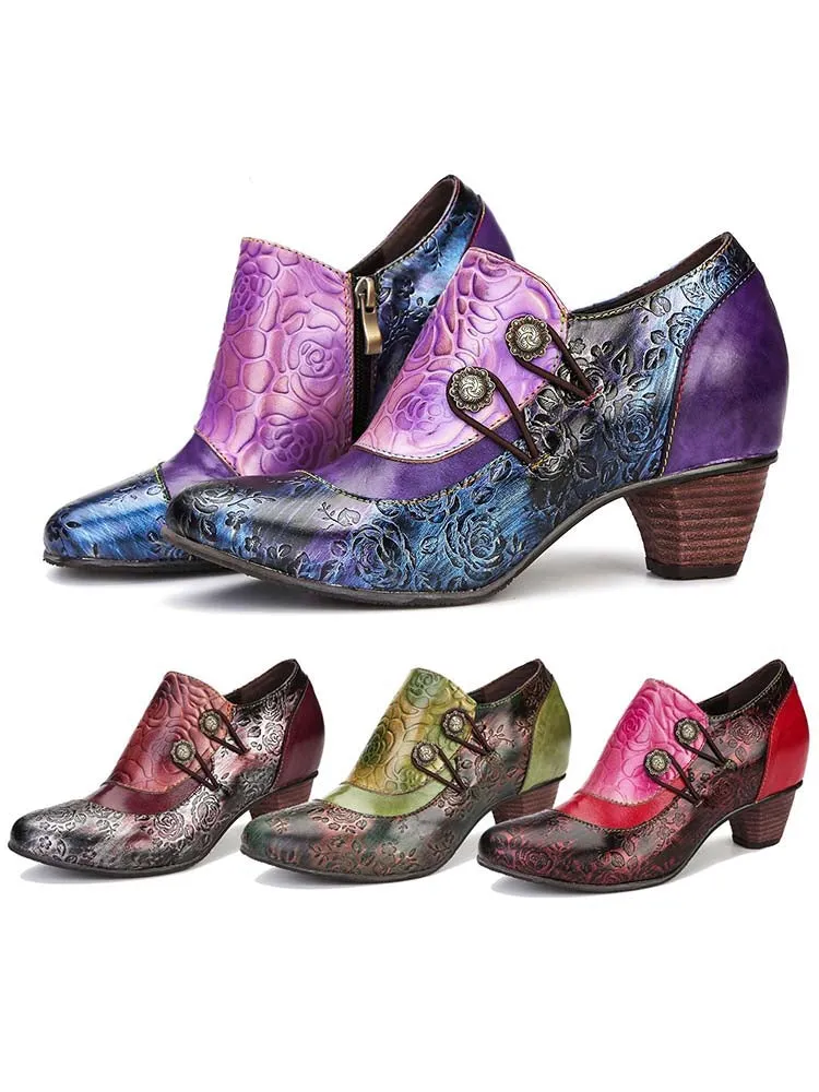 Hand Embossed Leather Low Heel Shoes