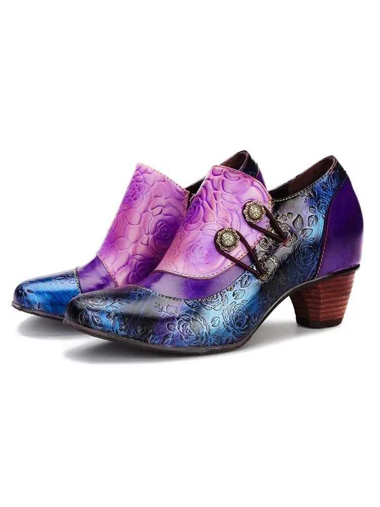 Hand Embossed Leather Low Heel Shoes