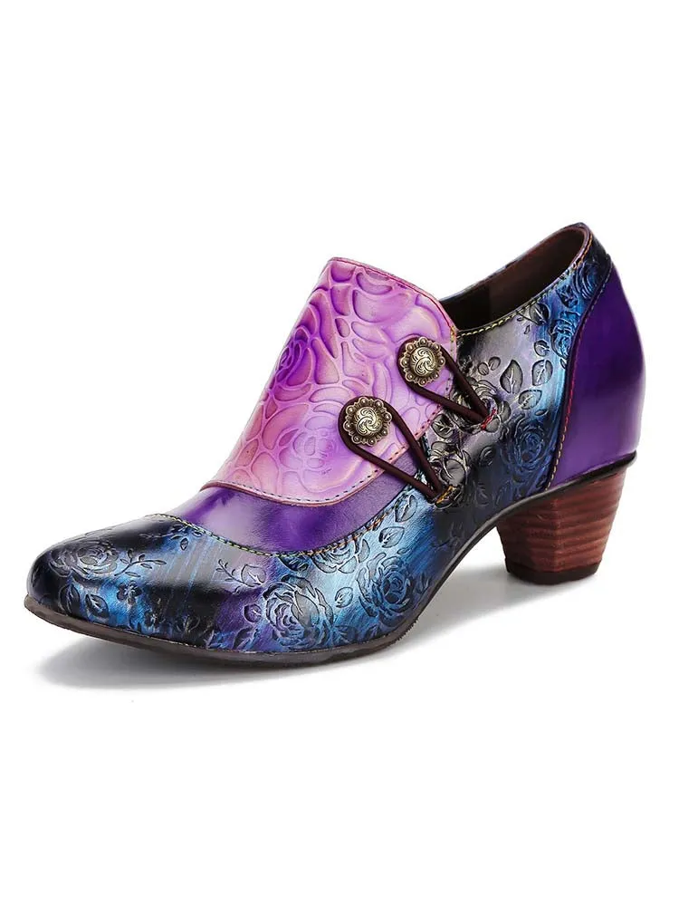 Hand Embossed Leather Low Heel Shoes