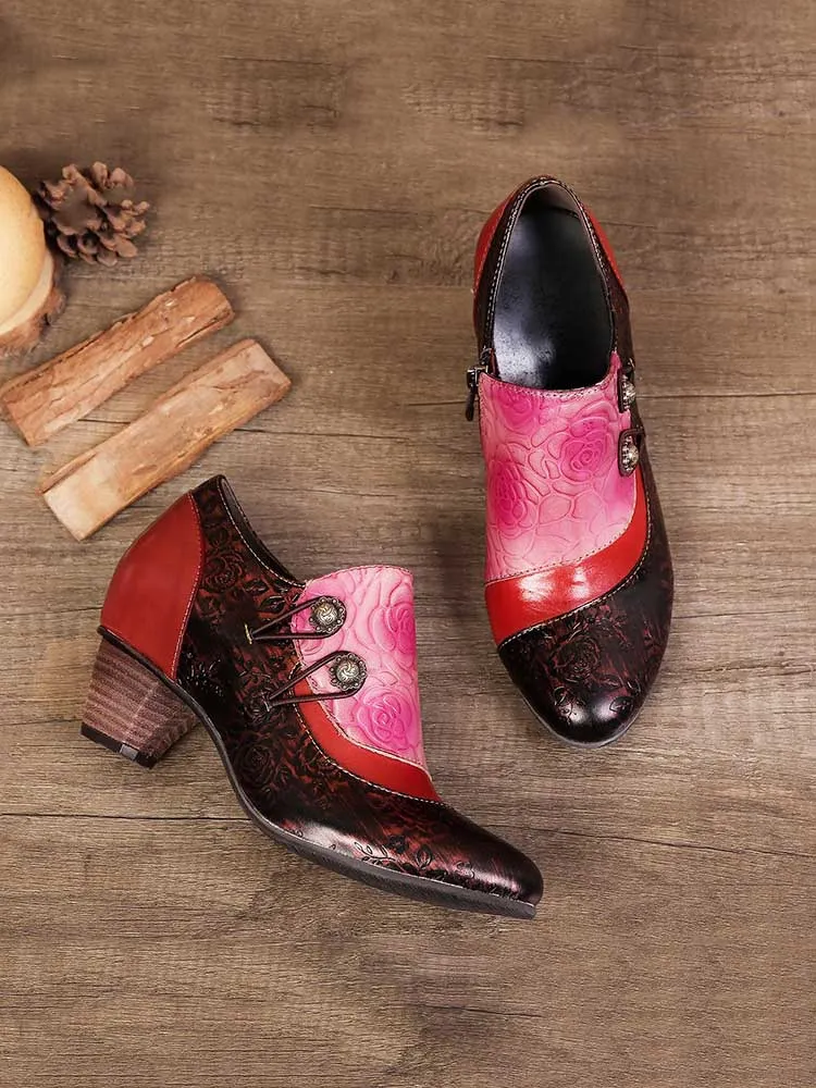 Hand Embossed Leather Low Heel Shoes