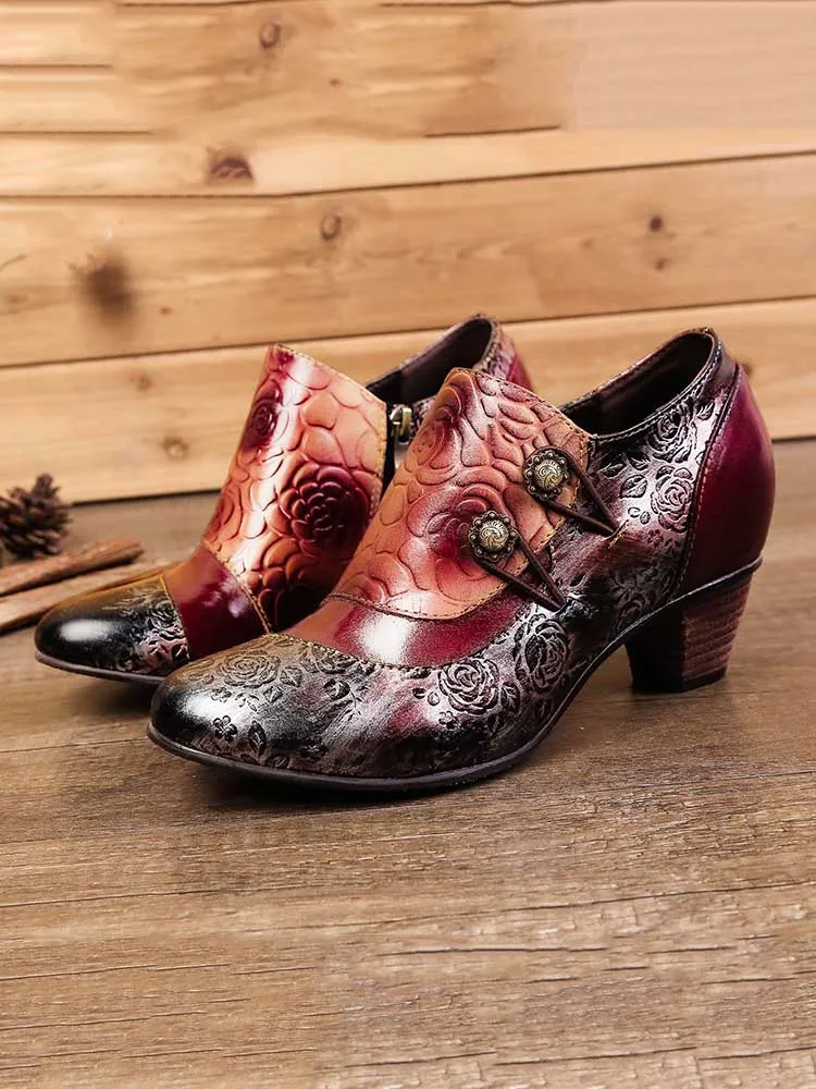 Hand Embossed Leather Low Heel Shoes
