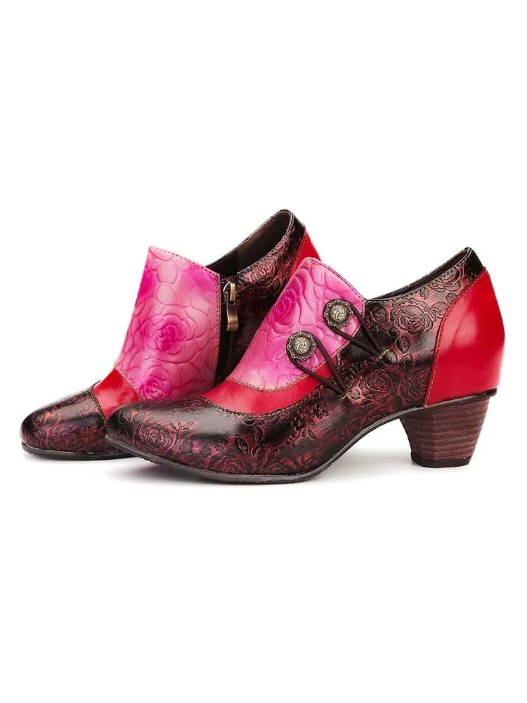 Hand Embossed Leather Low Heel Shoes
