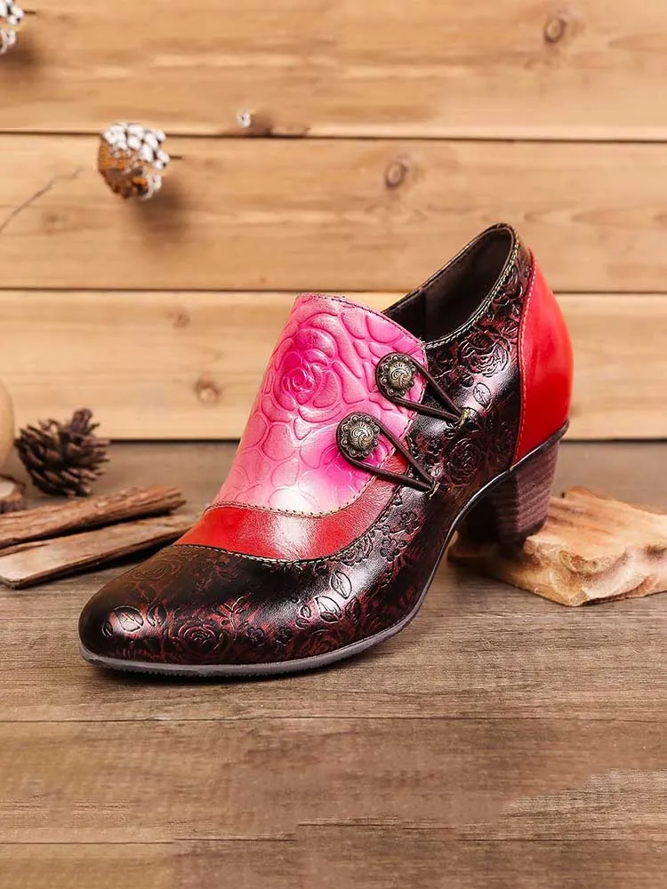 Hand Embossed Leather Low Heel Shoes