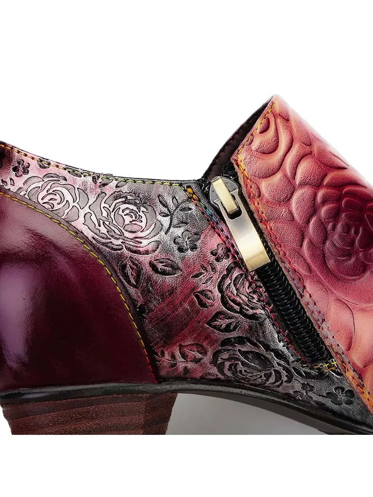 Hand Embossed Leather Low Heel Shoes