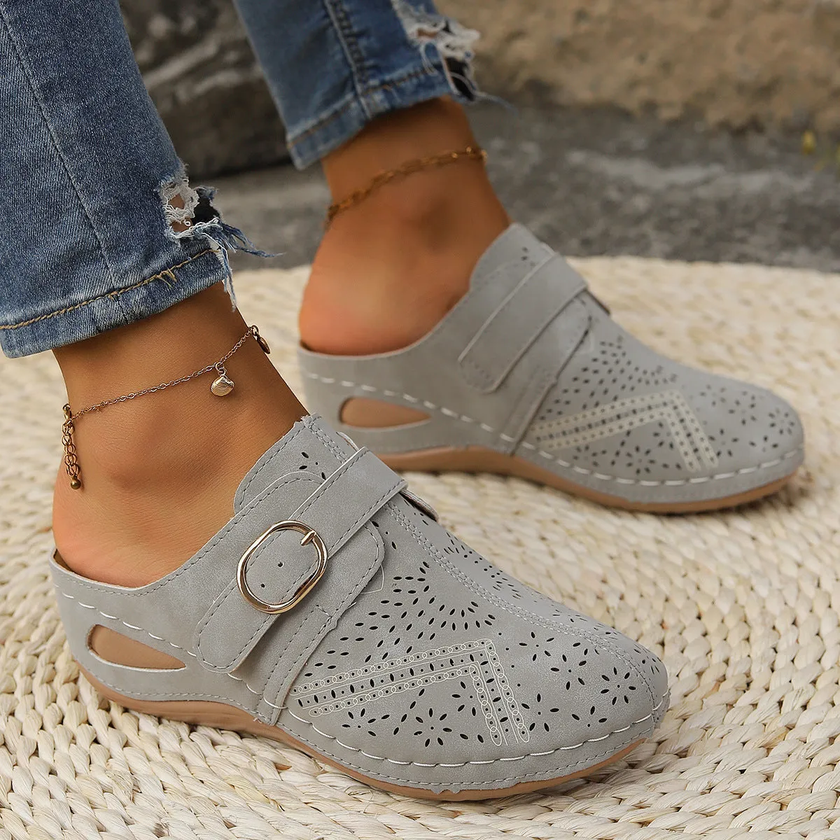 Hazel Blues® |  Suede Round Toe Wedge Sandals