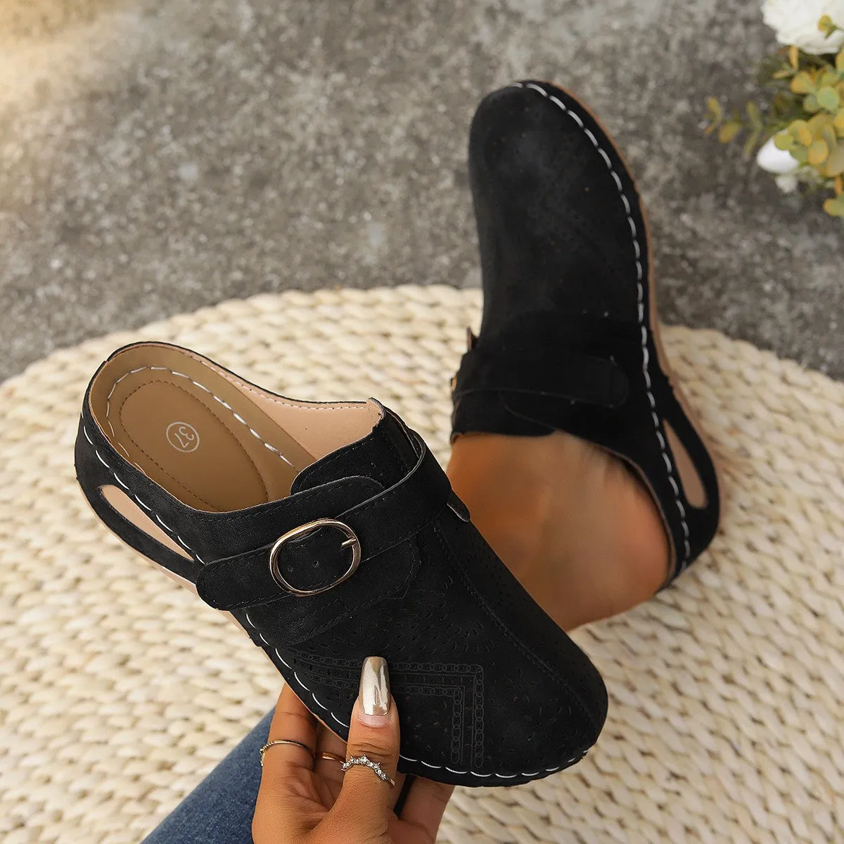 Hazel Blues® |  Suede Round Toe Wedge Sandals