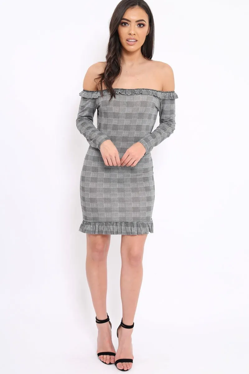 Hounds-Tooth Frill Bardot Dress - Beverly