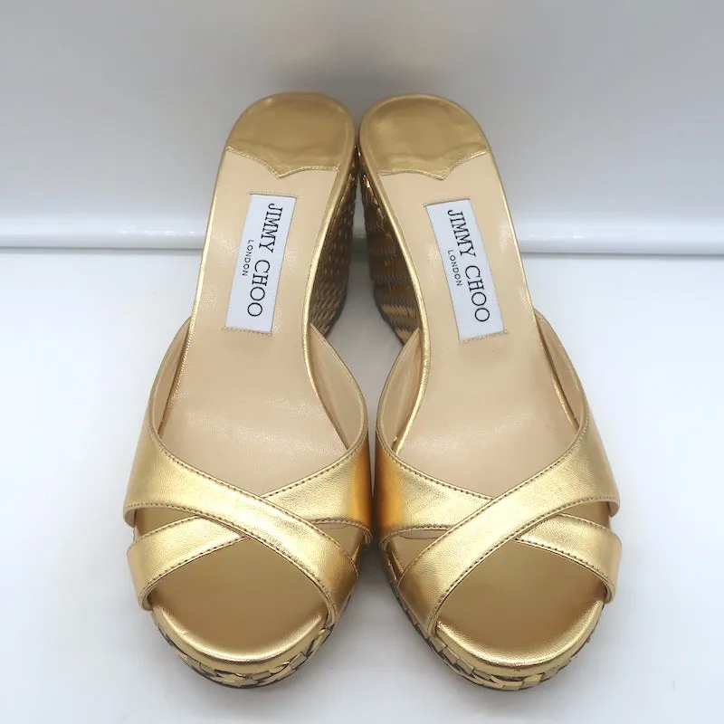 Jimmy Choo Almer 105 Metallic Woven Wedge Sandals Gold Leather Size 38