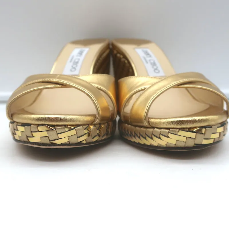Jimmy Choo Almer 105 Metallic Woven Wedge Sandals Gold Leather Size 38