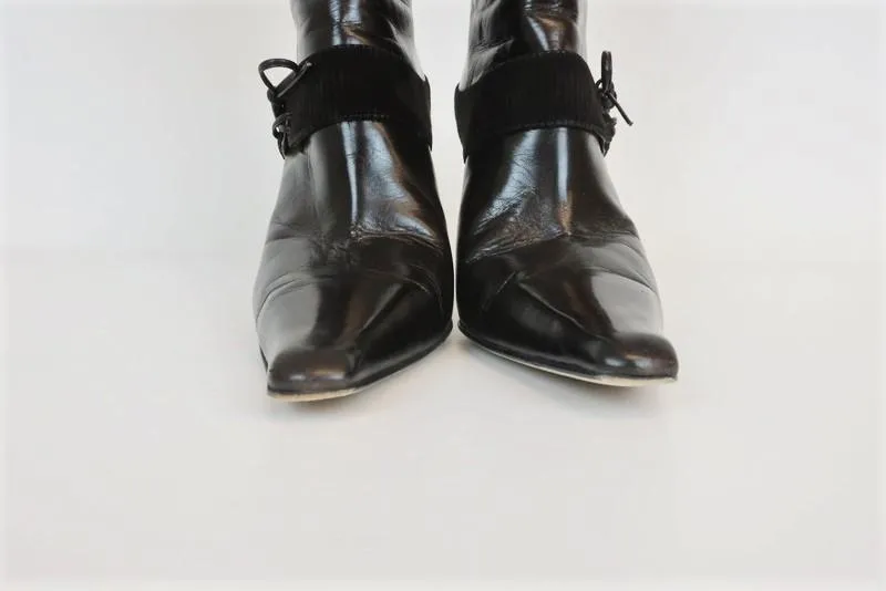 Jimmy Choo Boots Dark Brown Leather & Corduroy Size 38.5 Pointed Toe Mid-Calf