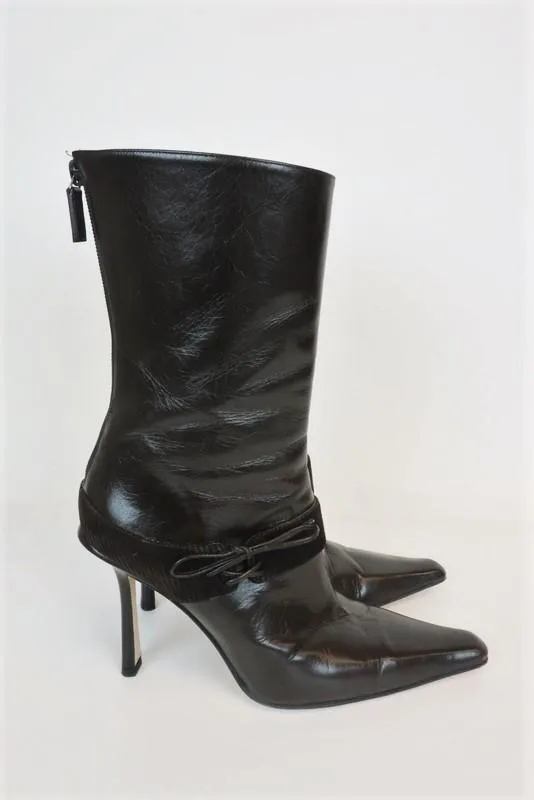 Jimmy Choo Boots Dark Brown Leather & Corduroy Size 38.5 Pointed Toe Mid-Calf