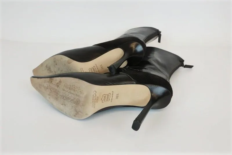 Jimmy Choo Boots Dark Brown Leather & Corduroy Size 38.5 Pointed Toe Mid-Calf