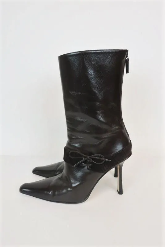 Jimmy Choo Boots Dark Brown Leather & Corduroy Size 38.5 Pointed Toe Mid-Calf