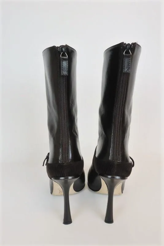 Jimmy Choo Boots Dark Brown Leather & Corduroy Size 38.5 Pointed Toe Mid-Calf