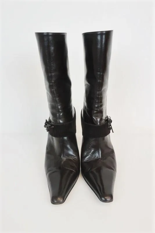 Jimmy Choo Boots Dark Brown Leather & Corduroy Size 38.5 Pointed Toe Mid-Calf