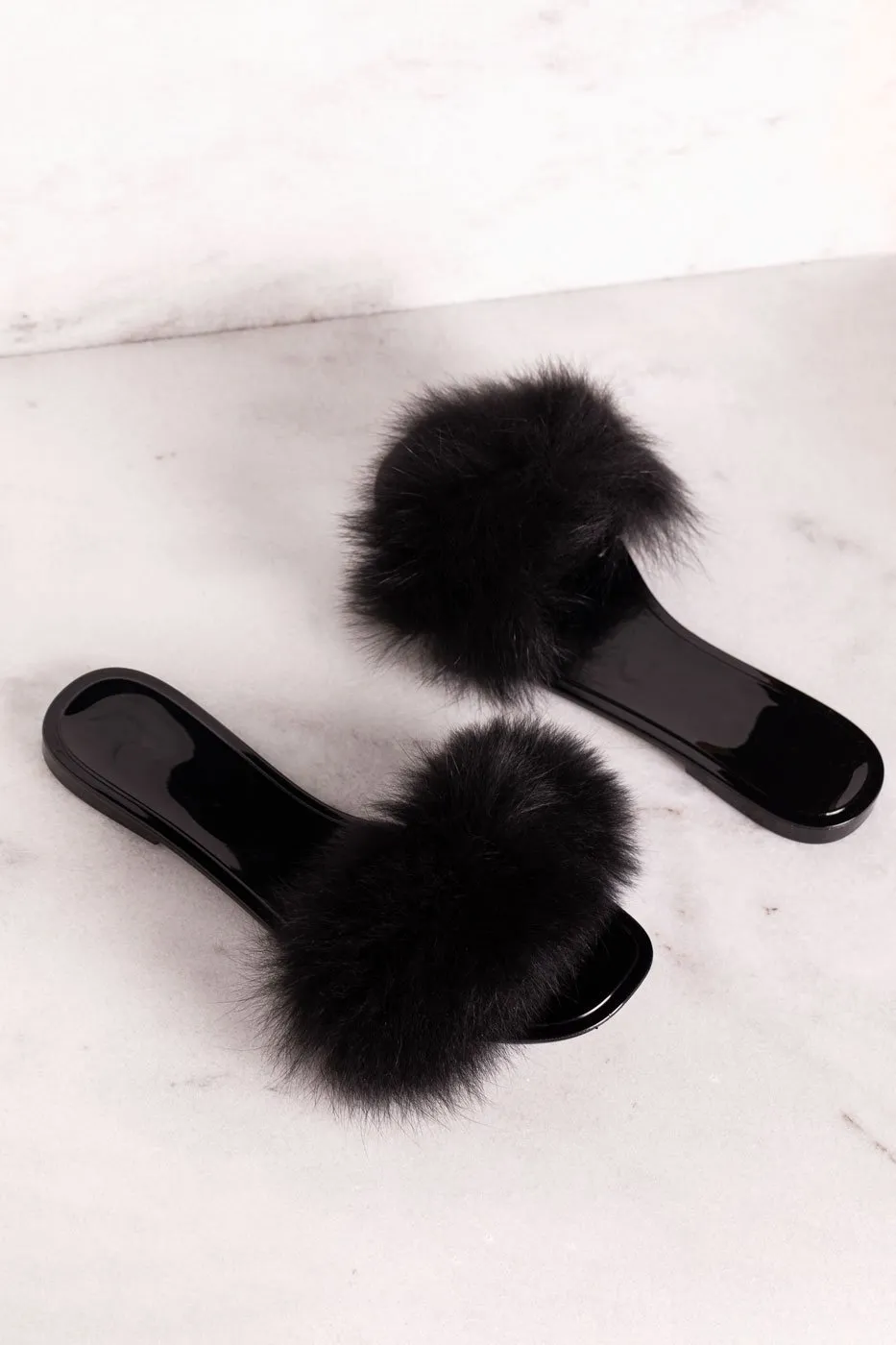 Little Luxuries Black Fuzzy Slides