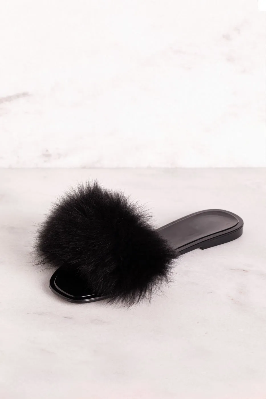 Little Luxuries Black Fuzzy Slides