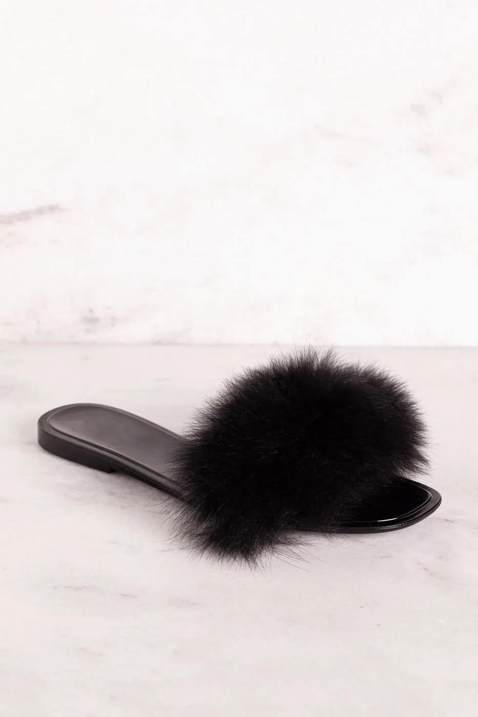 Little Luxuries Black Fuzzy Slides