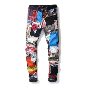 Men's Multicolor Patchwork Jeans Streetwear Jeans Straight Pants