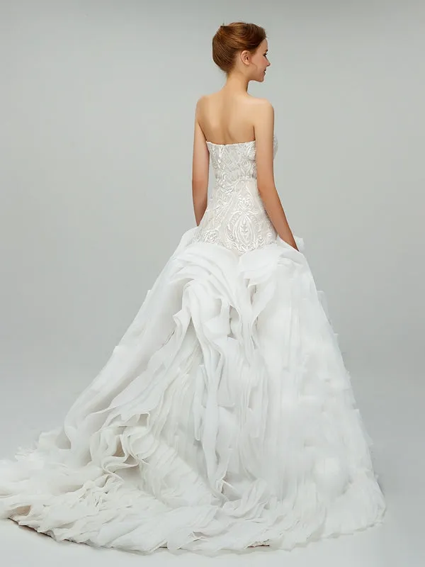 Modest Strapless Lace Top Ruffles New Off the Shoulder Wedding Dresses, WD307