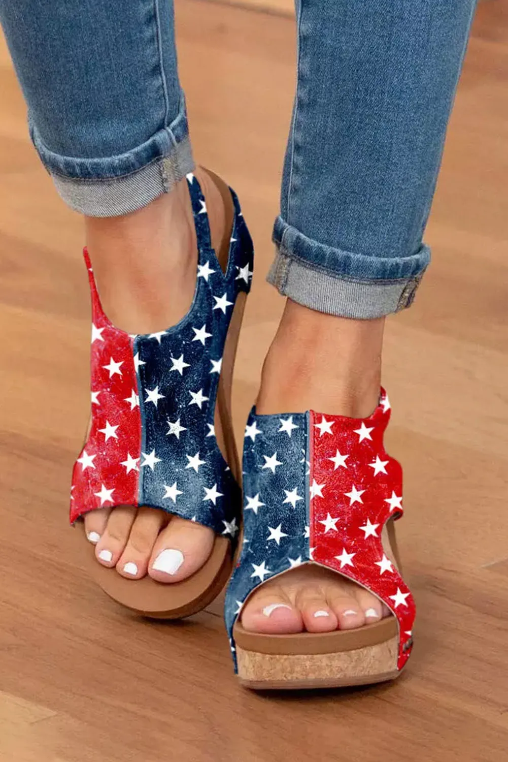 Multicolor Contrast Stars Print Wedge Sandals