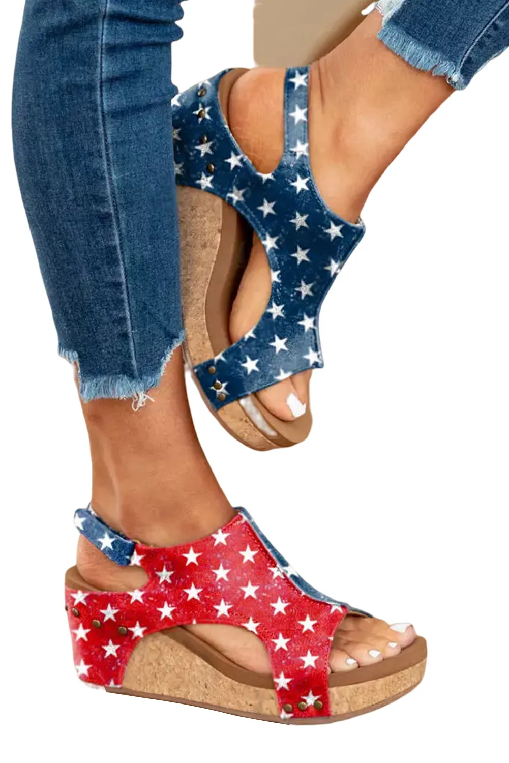 Multicolor Contrast Stars Print Wedge Sandals
