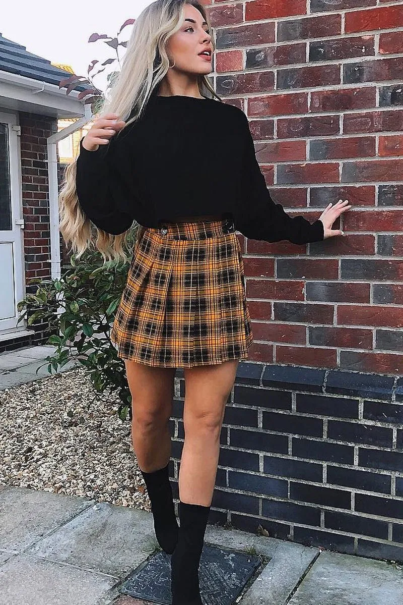 Mustard Check Button Front Pleated Skirt - Laela