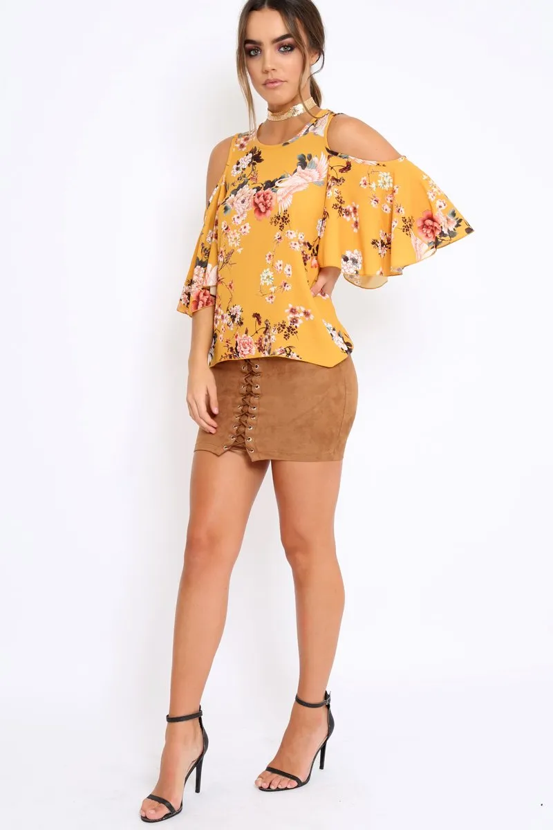 Mustard Floral Print Cold Shoulder Frill Top - Carrie