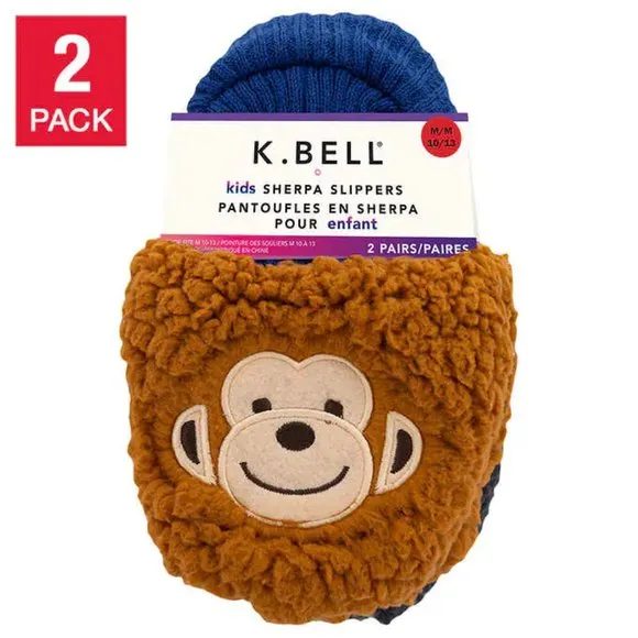 NEW K.Bell Kid's Sherpa Slippers | 2 Pack!! Includes Brown Monkey & Black Bear, Sz L Fits Kids Sz 13-4 (6-10 Years)