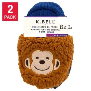 NEW K.Bell Kid's Sherpa Slippers | 2 Pack!! Includes Brown Monkey & Black Bear, Sz L Fits Kids Sz 13-4 (6-10 Years)